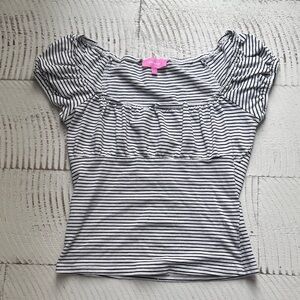 Edikted White and Black Striped Short Sleeve Scoop Top